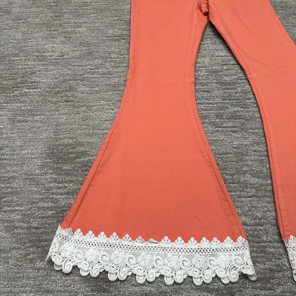 Lucky & Blessed Flare Pants Womens 2 Coral Lace Trim Boho Festival Retro Western - Picture 3 of 13